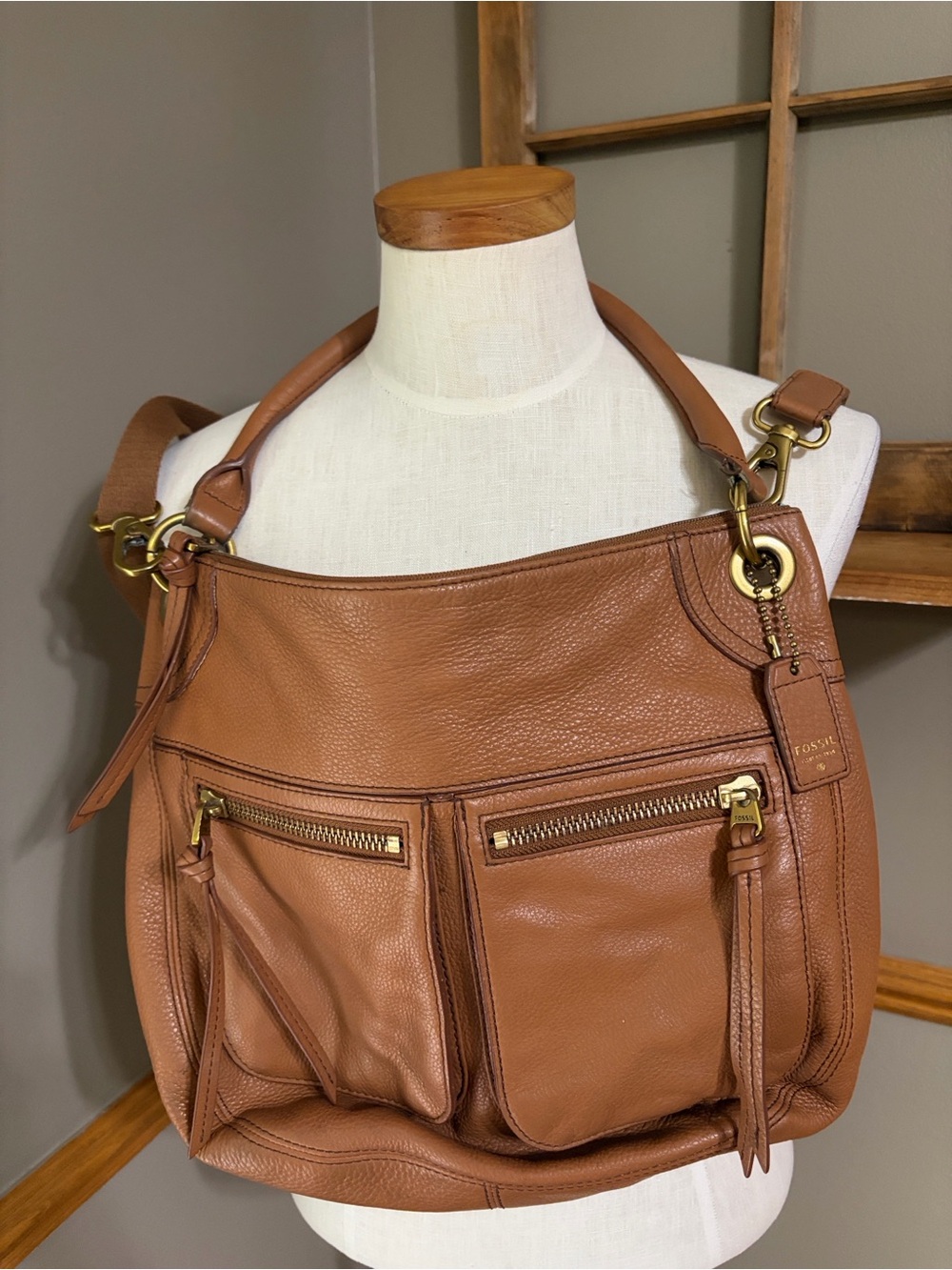 FOSSIL Karli Brown Pebbled Leather Hobo Shoulder Bag Style #SHB1191